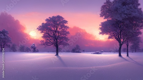 Winter landscape with neon sunset. Snowy flat valley. Colored winter landscape. Frosty winter sunset.