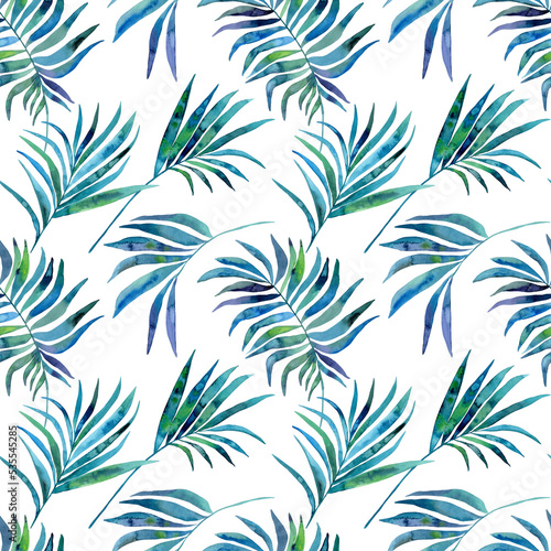 Watercolor tropical palm leaves illustration seamless pattern. On white background. Hand-painted. Floral elements, palm leaves.