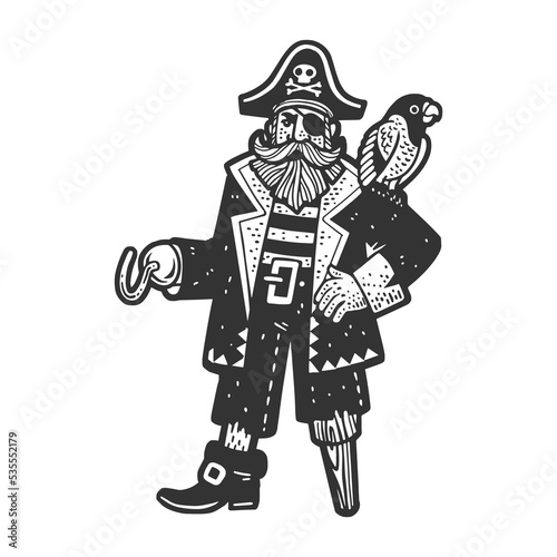 one legged one armed pirate with parrot bird sketch engraving vector illustration. Scratch board imitation. Black and white hand drawn image.