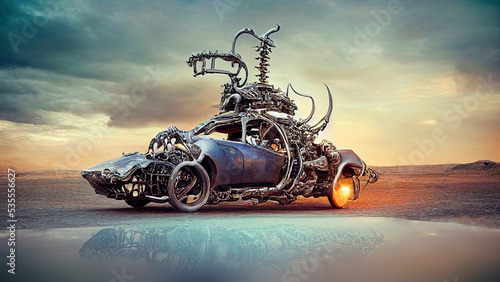 surrealistic crazy car made of bones, classic biomechanical oldtimer, generative ai