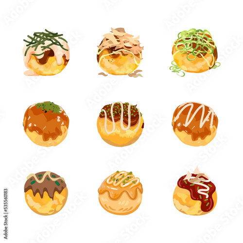 Set of Japanese food takoyaki on white background vector illustration