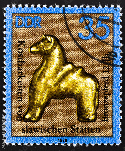 Postage stamp 'Bronze horse' printed in East Germany. Series: 'Valuables of Slavic Treasures Sites', 1978