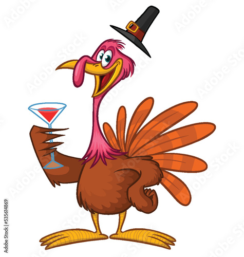 Cartoon happy cute thanksgiving turkey bird drinking wine after meal. Design for Thanksgiving Day. Vector illustration