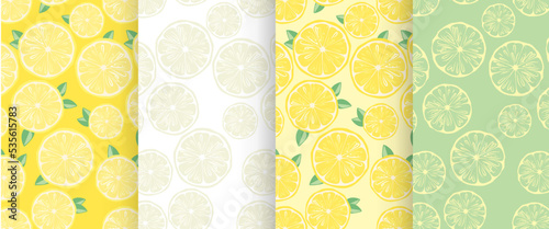 Set of backgrounds with slices of lemons. Vector seamless patterns with citrus fruits.