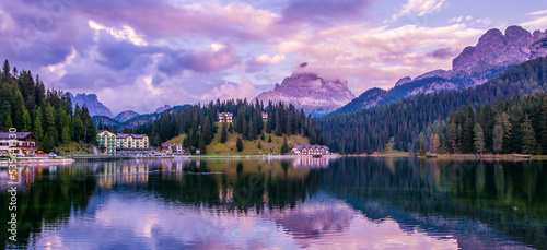 Amazing nature view of Misurina Lake and mountain range during a beautiful sunset. Location: Lake Misurina, Dolomites Alps, South Tyrol, Italy, Europe. Artistic picture. Beauty world. 