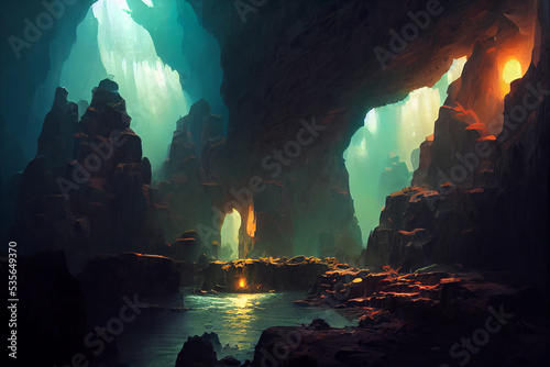 Dark cave concept art illustration, dungeons and dragons fantasy cave, dark and spooky, mysterious