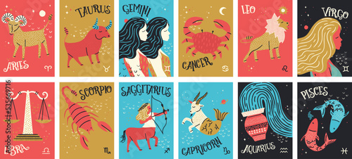 Set Zodiac astrology horoscope signs design vector illustrations set