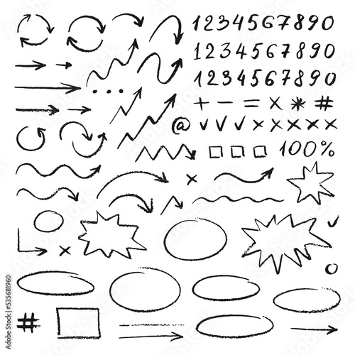 Set of handwritten numbers, signs and arrows. Vector elements for infographic. Black objects on white background