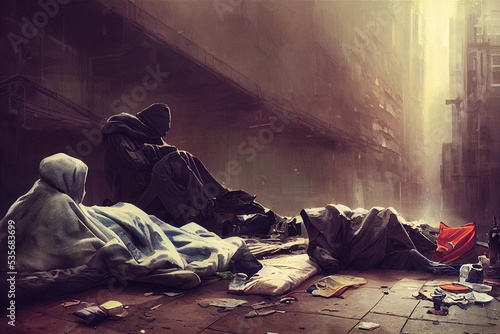 Poverty and homelessness digital illustration, computer-generated to show wealth inequality and the reality of being poor.