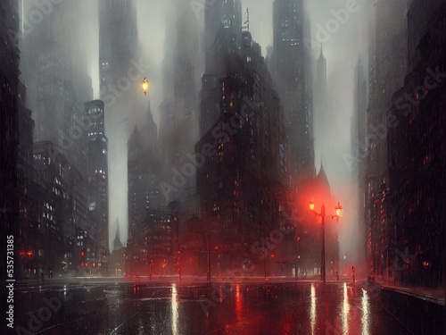 Night Gotham in the rain. Oil paints, illustration.