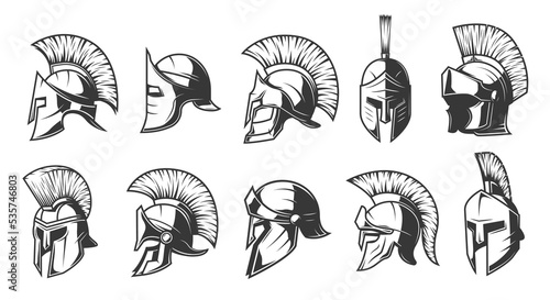 Helmets of spartan, roman and greek warriors or gladiators, vector, trojan or Sparta soldier head armor icons. Centurion helmets of medieval knight, spartan and roman gladiator armour helmets