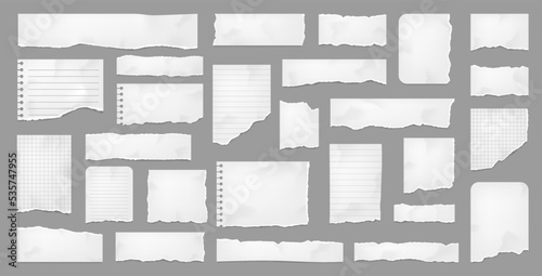 White torn paper, rip paper pieces and notebook page strips with ripped corners, vector note sheets. Torn paper shreds from copybook, lined and chequered pages with holes for banners or message memo