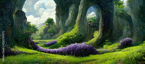 Hidden secret secluded fairy glade surrounded by ancient oak forests thousands of years old - wisteria purple flowers and lush aventurine green grass and moss. Magical mystical fantasy setting.