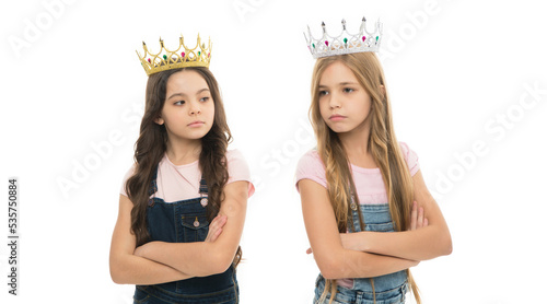 Self confidence. Leadership concept. Girls wear crowns. Spoiled children concept. Egocentric princess. Kids wear golden crowns symbol princess. Every girl dreaming become princess. Little princess