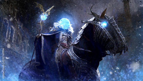 A mystical magician in a cloak with a glowing sphere instead of a head, majestic eating riding a demonic ice horse, he is a weather wizard causing a snowstorm in the city of ruins. 3d rendering.