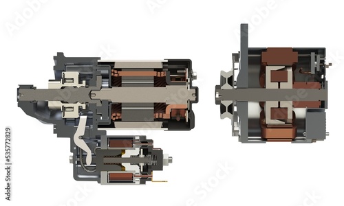 Car starter and alternator in section view 3D rendering. Automotive spare parts.