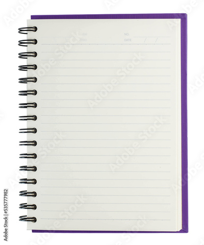 Blank notebook with purple cover opened