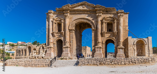 A view towards the front of Hadrians Arch in the ancient Roman settlement of Gerasa in Jerash, Jordan in summertime