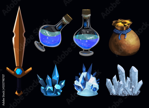 A set of fantasy props. A bag of gold coins. A golden sword with a stone, a bottle in a tilt, a bottle with a potion, crystals. Isolated interface elements, icons, magic ritual items. 