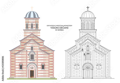 Illustration of Visoki Dečani Monastery in Serbia. Unique Serbian Orthodox Christian Church constructed in a mixture of Romanic, Gothic and Byzantine styles.