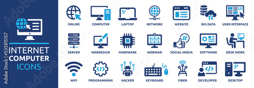 Internet computer icon set. Containing online, computer, network, website, server, web design, hardware, software and programming. Solid icons vector collection.