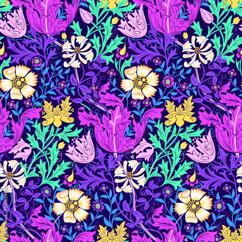 Floral seamless pattern with flowers on dark background. Futuristic colors. Vector illustration.