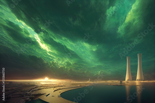 Nuclear power plant illuminated at night, with green lights and poison smokes. The concept of pollution and nuclear threat. 3D rendering. Nuclear power plant at sunset.