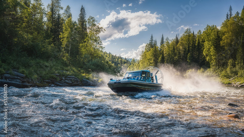 an airboat floats on river water. A boat on the water rapids. aircraft on the river in the taiga