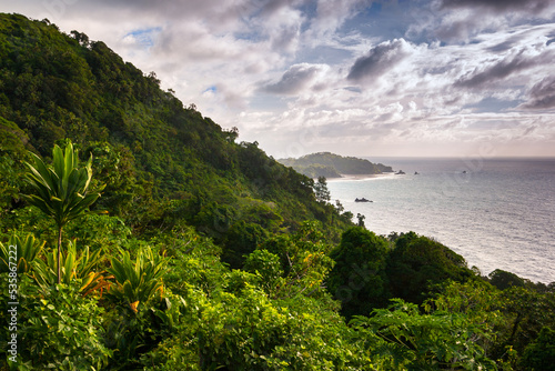Jungle, mountains and the coast as seen from Bunlap, Vanuatu. Bunlap is an isolated kastom (custom) village in the South-East of Pentecost Island.