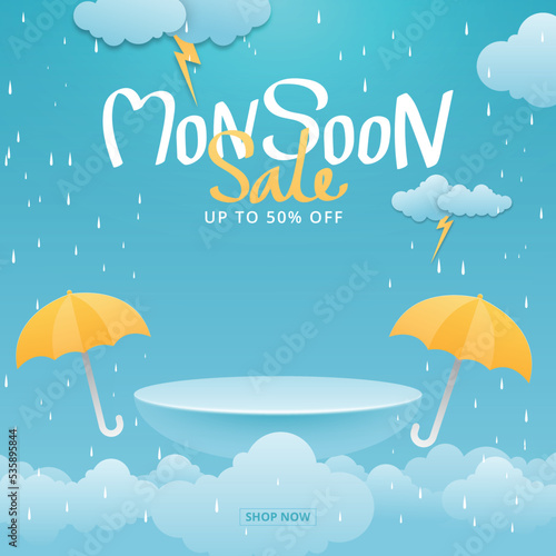 monsoon sale banner with rain background.