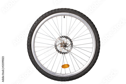 Bicycle wheel with spokes and rubber tire.