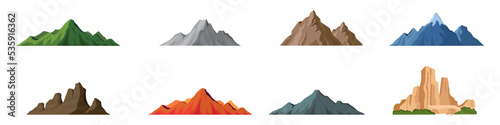 Conjunto de montañas. Roca, montaña, colina, llanura. Concepto de relieve de cordillera y naturaleza. Ilustración vectorial
