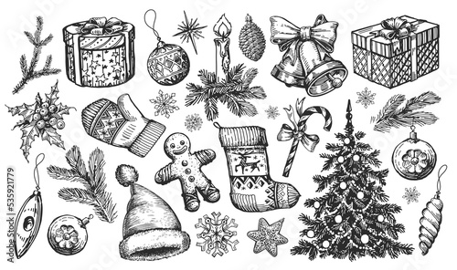 Christmas concept. Design elements hand drawn in sketchy vintage style. Holiday decorations engraving vector