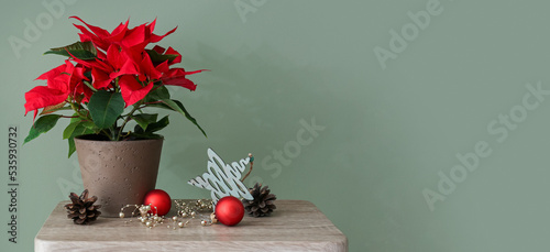 Beautiful poinsettia plant in pot with Christmas decorations on table against green background with space for text
