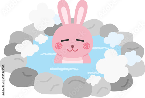 温泉に入ってリラックスする、ウサギのキャラクターのイラスト
