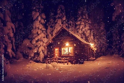 3D rendered winter snow scene cold and serene new for winter 2023. Log cabin in the woods with snowy rooftop, deep snow outside, serene natural landscape shot