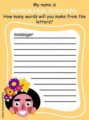 Funny anagram word game for kids with Mexican girl vector illustration. Create and write as many words by white letters as you can. Unusual English learn practice vertical worksheet