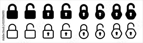 Lock icon set. Locked and unlocked vector icon set. Lock symbol on white background. Padlock symbol. Privacy symbol vector stock illustration.