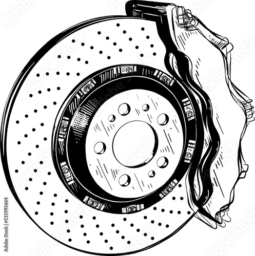 PNG engraved style illustration for posters, decoration and print. Hand drawn sketch of car brake disk in black isolated on white background. Detailed vintage etching style drawing. 