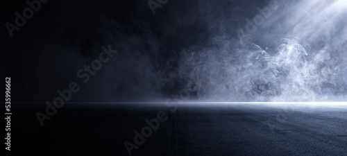 Dark street, asphalt abstract dark background, empty dark scene, neon light, spotlights The concrete floor and studio room with smoke float up the interior texture for display products, Night view