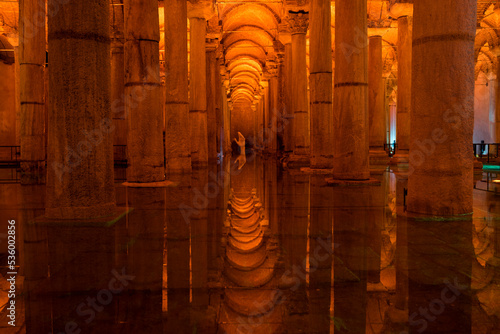 Yerebatan - Basilica Cistern is one of favorite tourist attraction in Istanbul. Noise and grain include. Selective focus column and pillars