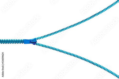 Blue opened zipper isolated on transparent background, open zip, png file