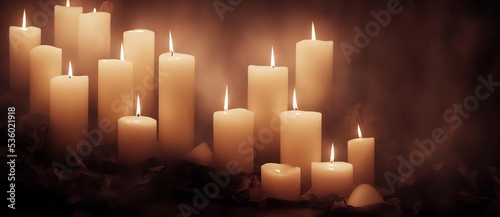 All Souls Day,All Saints Day Backdrop. Lit Candles, Gloomy Concept And Creative Background. Digital Art Illustration