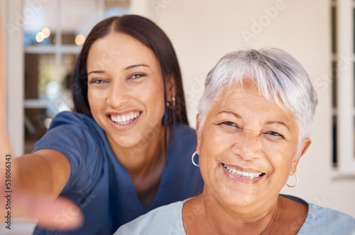 Healthcare, doctor and selfie portrait with elderly patient in living room, bonding during checkup at assisted living facility. Trust, senior care and nursing by friendly caretaker relax together