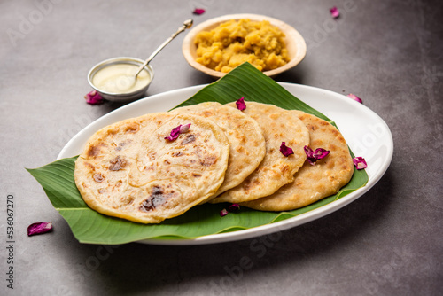 Puran poli, Puran roti, Holige, Obbattu, or Bobbattlu, is Indian sweet flatbread from Maharashtra