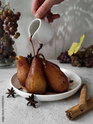 Pear dish. Pears were boiled in red wine syrup with spices such as cinnamon, star anise, cardamom, cloves.