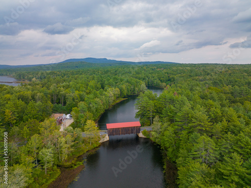 Hancock Greenfield Covered Bridge aerial view on Cantoocook River between town of Hancock and Greenfield in New Hampshire NH, USA. 