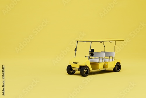 a yellow car to move around the golf course on a yellow background. copy paste, copy space. 3D render