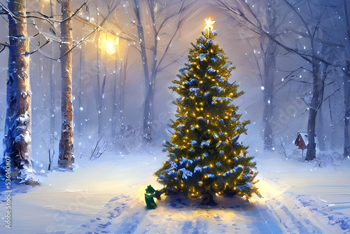 Christmas tree on a path in the snow with a lantern and trees in the background