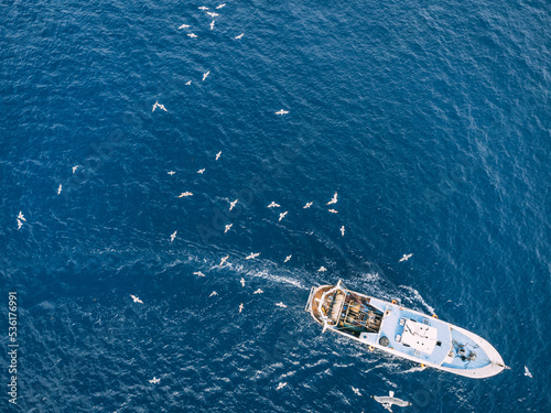 Top view of a fishing trawler coming back to the port and the seagulls are flying over it.